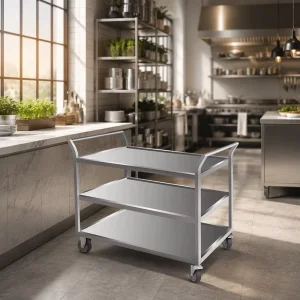 Stainless Steel Commercial Restaurant Dining Cart Double Tiered Three Layer Hand Pulled Mobile Trolley Silver Flatbed Trailer