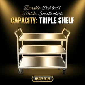 Stainless Steel Commercial Restaurant Dining Cart Double Tiered Three Layer Hand Pulled Mobile Trolley Silver Flatbed Trailer