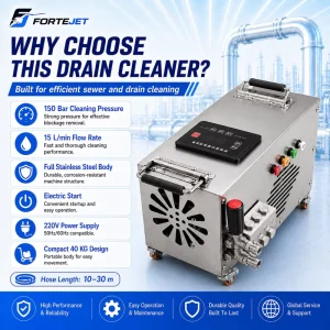 Stainless Steel Electric Sewer Jetting Machine 150bar 15L min High Pressure Drain Cleaning Machine for Commercial Drain