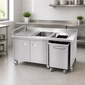 Stainless Steel Food Waste Recovery Cart with Oil Water Separator Sink Pull-Out Trash Bin for Commercial Kitchen