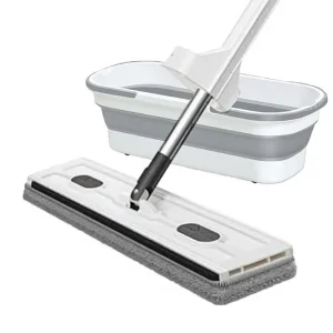 Stainless Steel Handle Flat Mop Bucket Set with 360-Degree Spin Self-Wringing and 6 Microfiber Mopheads for Tile and Windows