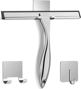 Stainless Steel Shower Squeegee for Shower Glass Door with 2 Adhesive Hooks Cleaning Tile Wall Car 10 Inch Silver