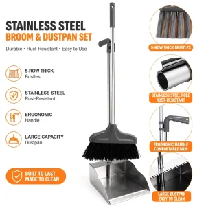 Stainless Steel Sweep Set Heavy Duty Densely Bristled Broom and Dustpan Combo Set for Home Kitchen Office Pet Dog Hair Cleaning