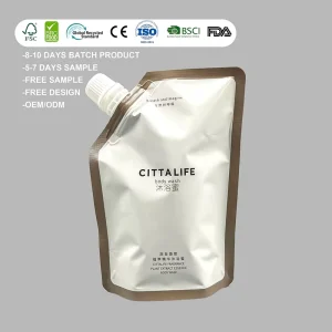 Stand up Plastic Spout Pouch for Liquid Body Wash Cosmetic Grade Leak Resistant Refill Packaging