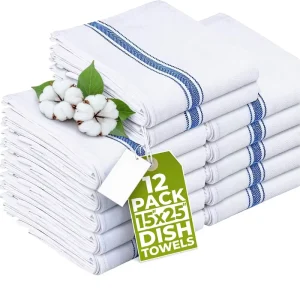 Striped Blue Checkered Woven Rectangle Dish Towels 15×25 Inches 100% Ring Spun Cotton Highly Absorbent Reusable Kitchen