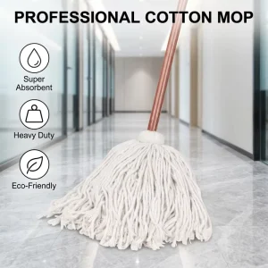 Super Absorbent Cotton Strip Floor Mop with Wooden Long Handle for Industrial Cleaning