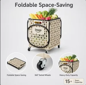Supermarket Shelves Folding Rolling Shopping Basket with Wheels Ventilated Grocery Storage Cart