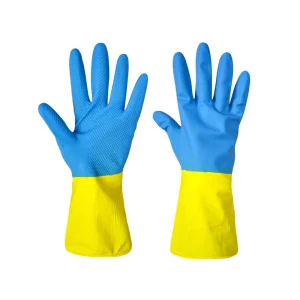 Supplier Household Kitchen Cleaning Long Rubber Latex Gloves Yellow and Blue Anti-Slip Elastic Cuff