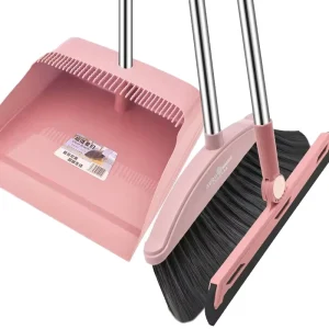 Sweeping Broom Set with Broom Stick Soft Plastic Broom Nylon Bristles and Long Scraping Dustpan