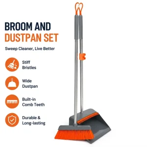 Sweeping Broom and Dustpan Set with Self-Cleaning Comb Teeth for Hair Removal