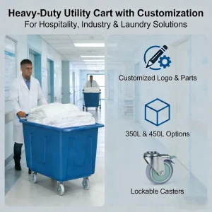 TER Heavy Duty Eco Friendly Plastic Laundry Cart Trolley 350L 210KG Capacity Large Wheels for Hotel Housekeeping Restaurant Use