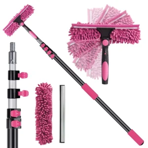 Telescopic Aluminum 2 In 1 Rotatable Chenille Window Squeegee Mop Eco Friendly Durable Pink Microfiber Auto Home Glass Tool