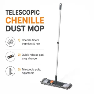 Telescopic Chenille Dust Mop Traps Dust and Hair Quick Release Pad Easy Change Adjustable Pole Swivel Head Washable Pad Home