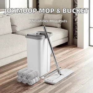 Telescopic Long-Handle Flat Mop Bucket Set with Wringer, White, 6 Microfiber Cloths