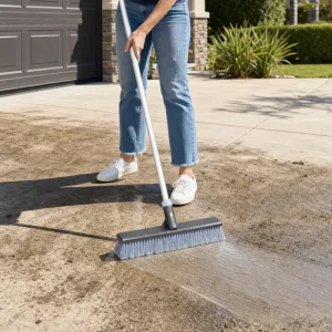 Telescopic Patio Deck Scrub Brush with Interchangeable Heads and Window Squeegee for Outdoor Floor Wall and Glass Cleaning