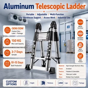 Telescoping Aluminum Ladder EN131 Foldable A Frame Design for Warehouse Factory Maintenance and Construction