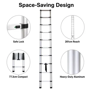 Telescoping Extension Ladder 9 Step Aluminum 8.56ft 261cm Heavy Duty Safe Lock System Space Saving Collapsible Design for Indoor