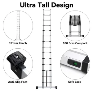 Telescoping Ladder Aluminum 12.83ft Reach 100.5cm Folded Safe Lock Ultra Tall Design for Warehouse and Home Maintenance
