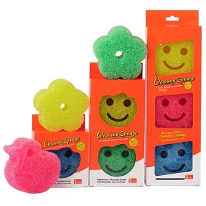 Temperature Control 3Pcs Pack Colorful Happy Face Flower Scrub Sponge Custom Logo Non Scratch Dishwashing Scourer
