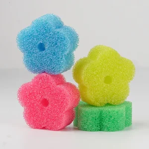 Temperature Control Smiley Face Scrub Sponge 3 Pcs Dual Sided Flower Non Scratch Scouring Pad for Kitchen Dishwashing