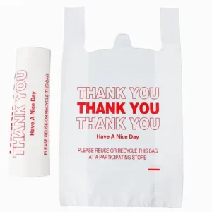 Thick HDPE Black Plastic Shopping, Refuse, Trash, and Grocery Bags with Gravure Printing, Recycled