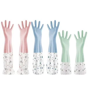Thickened Long Latex Dishwashing Gloves with Waterproof Warm Elastic Cuffs for Household Chores