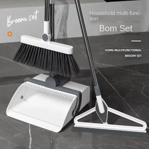 Three-Piece Broom Set with Comb-Tooth Dustpan, Stainless Steel and Plastic Broom for Home Use