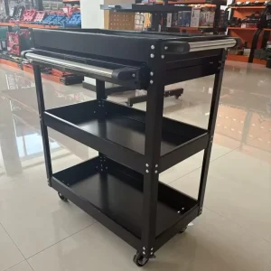 Three Tier Metal Rolling Tool Cart with Pull Out Tray Heavy Duty Mobile Storage Trolley with Lockable Wheels for Garage Workshop