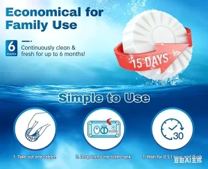 Toilet Bowl Cleaner Tablets 6-Pack Drop-In Tank Tablets 15-Day Sustained Release 6-Month Supply Deodorizing White