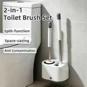 Toilet Brush and Holder Set with Round Head Scrubber and Detail Corner Brush for Bathroom Cleaning