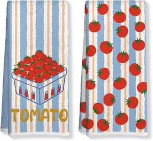 Tomato Printed Striped Cotton Kitchen Towels Absorbent Tea Towels With Hanging Loops for Cafe Home Gift
