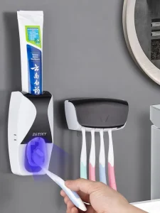 Toothbrush Holder with Automatic Toothpaste Dispenser Squeezer Kit Drillless Self-Adhesive Wall-Mount Bathroom Set