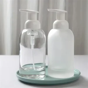 Transparent 375ml Glass Bottle Round Shape Hand Sanitizer and Hand Washing Foam Liquid Soap Pump Holder