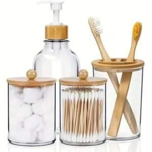 Transparent European Style Acrylic Bamboo Lid Shape Custom Logo Hand Sanitizer Bottle Toothbrush Cup Bathroom 4-piece Set Cotton