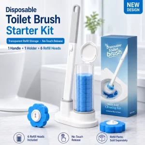 Transparent Refill Caddy Toilet Cleaning Brush Set with Freestanding Holder and Replaceable Sponge Heads