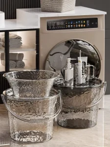 Transparent Waterproof Durable PET Plastic Water Ripple Bucket Set Includes Large Capacity Bucket Bailer Lid Basin Toothbrush