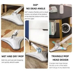 Triangle No-Hand-Wash Mop, 360° Swivel Head, Wet and Dry Cleaning, Replaceable Microfiber Pad for Hard Flooring