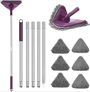 Triangle Wall Washer Mop with Chenille Head, Telescopic Iron Pole for Wet and Dry Cleaning of Bathroom Tiles