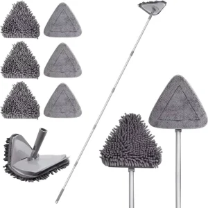 Triangle Window Cleaner Mop with Sectional Iron Handle and Chenille and Microfiber Replacement Heads