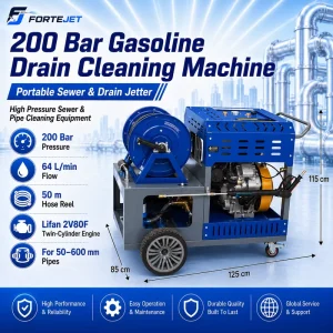 Twin-Cylinder Diesel Reel Hydro Jetting Machine 200Bar 64L/min Remote Pipe Cleaner for 2-24 Inch Drain