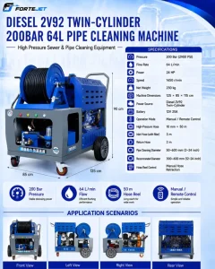 Twin Cylinder Diesel Sewer Jetting Machine 200Bar 64L min Remote Reel Drain Cleaning Machine for 50 600mm Pipe