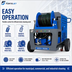 Twin-Cylinder Diesel Water Jetter Machine 200bar 84L/min Remote Reel 50m Hose Pipe Cleaner for Blocked Drains