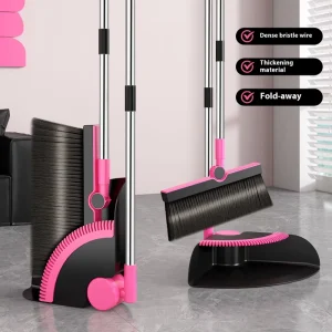 Upgrade Folding Self Cleaning Broom and Dustpan Set Long Handle and Teeth Stand Up Save Space Brooms Dustpans