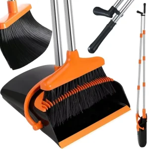 Upright Broom and Dustpan Set Self-Cleaning Dustpan Teeth Long Rustproof Handle for Indoor and Outdoor Sweeping