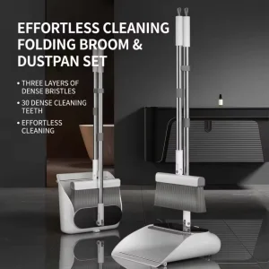 Upright Broom and Dustpan Set With Self-Cleaning Teeth and Long Handle for Home and Office Floors