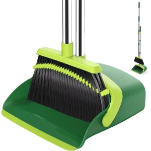 Upright Broom and Dustpan Set With Self-Cleaning Teeth and Long Rustproof Handle for Indoor and Outdoor Sweeping