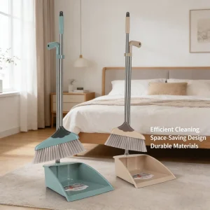 Upright Windproof Lobby Dustpan and Broom Set with Self-Opening Lid and Long Handle