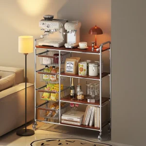 Vintage style Wood Coffee Machine Display Rack Multi Layer Storage Cart Living Room Pull Out Basket