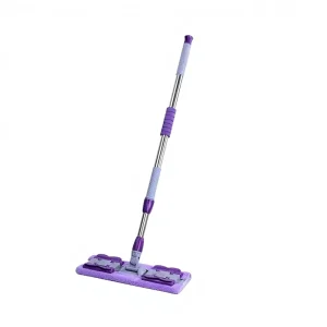 Violet Hands Free Flat Mop Stainless Steel Rod Stainless Steel Tray Microfiber Fabric Automatic Wringing Cleaning Tool