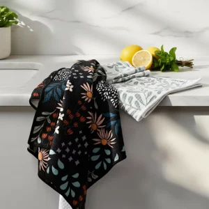 Waffle Dish Towel Set 2 Quick Dry Microfiber Polyester Sustainable Ultra Absorbent Reusable Lightweight Floral Pattern